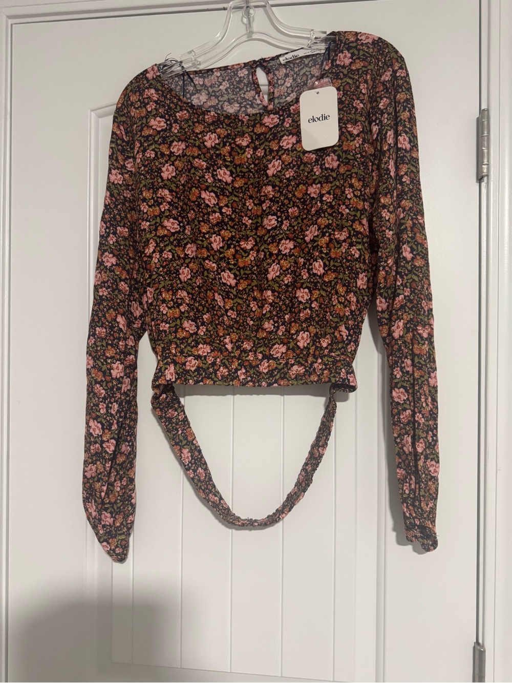 Elodie Pink Floral Tie-Back Long Sleeve Crop Top on Black - Picture 5 of 5